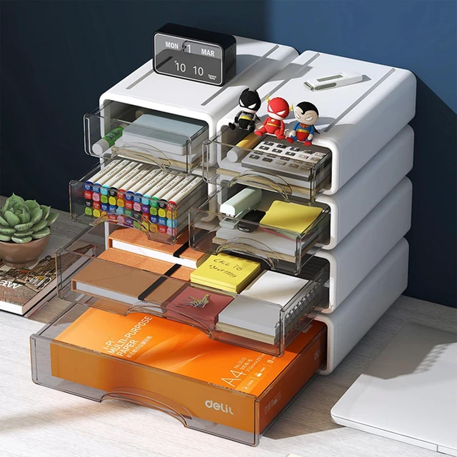 Alt view image 4 of 7 - Desk Organizer with Drawers, Stackable Storage Drawers with Compartments Desktop Organization for Office Supplies, Makeup, Pencils, Tape, Erasers, Paperclips, Chargers (White 2S2M)