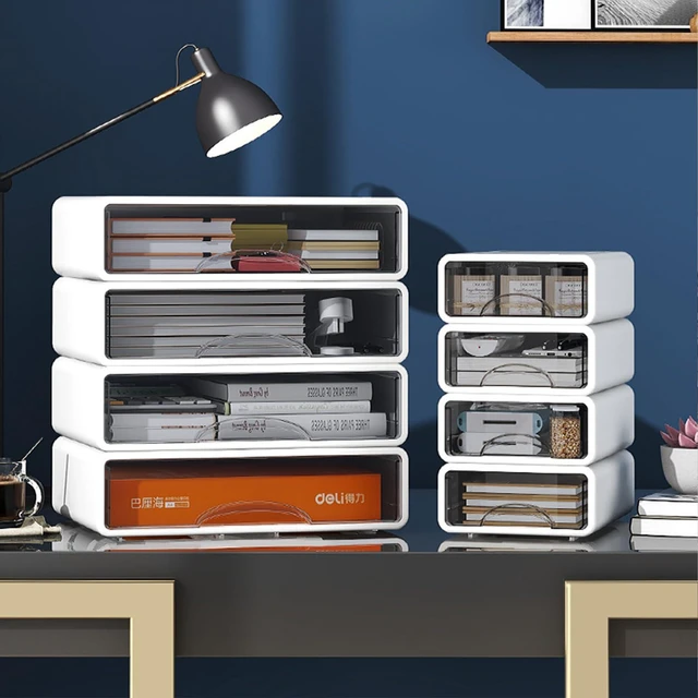 Alt view image 2 of 7 - Desk Organizer with Drawers, Stackable Storage Drawers with Compartments Desktop Organization for Office Supplies, Makeup, Pencils, Tape, Erasers, Paperclips, Chargers (White 2S2M)