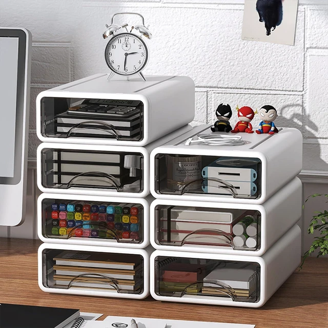 Alt view image 7 of 7 - Desk Organizer with Drawers, Stackable Storage Drawers with Compartments Desktop Organization for Office Supplies, Makeup, Pencils, Tape, Erasers, Paperclips, Chargers (White 2S2M)