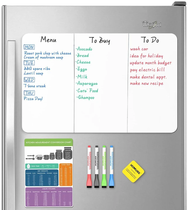 Main image of Magnetic Dry Erase Board: Small Fridge Whiteboard, Flexible Refrigerator Magnet White Board, Blank Writing Note Sheet with Kitchen Conversion Chart Magnet, 4 Markers & Eraser - 20 x 13