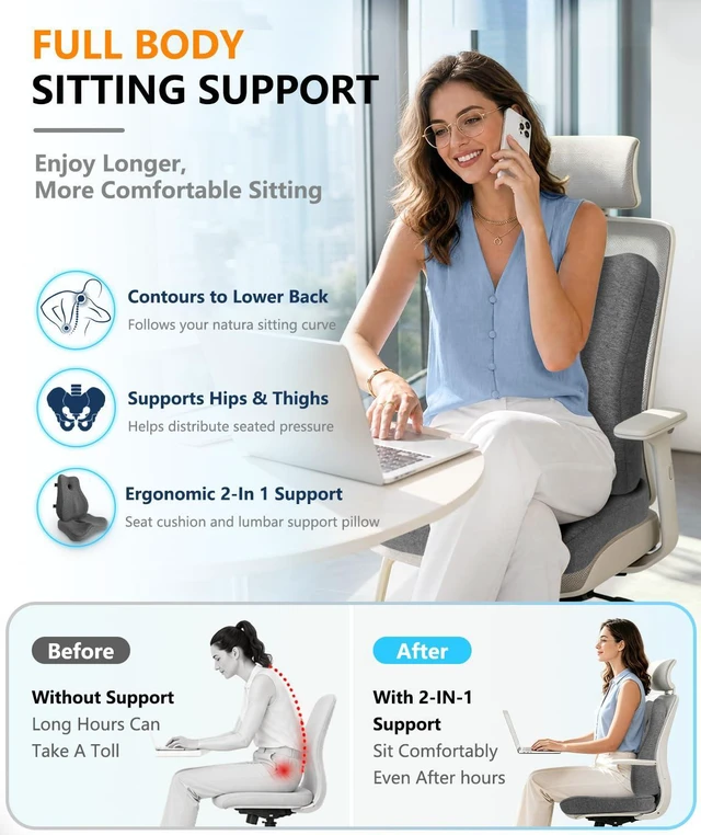 Alt view image 2 of 7 - Lumbar Support Pillow & Seat Cushion for Office Chair, Memory Foam Office Chair Cushion for Tailbone Pain Relief and Lower Back Support, Ergonomic Desk Chair Cushion for Gaming, Wheelchair,Home