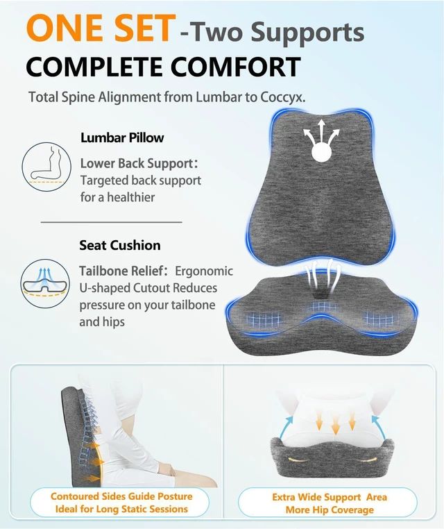 Alt view image 3 of 7 - Lumbar Support Pillow & Seat Cushion for Office Chair, Memory Foam Office Chair Cushion for Tailbone Pain Relief and Lower Back Support, Ergonomic Desk Chair Cushion for Gaming, Wheelchair,Home