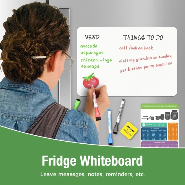 Alt view image 2 of 7 - Magnetic Dry Erase Board: Small Fridge Whiteboard, Flexible Refrigerator Magnet White Board, Blank Writing Note Sheet with Kitchen Conversion Chart Magnet, 4 Markers & Eraser - 12 x 8