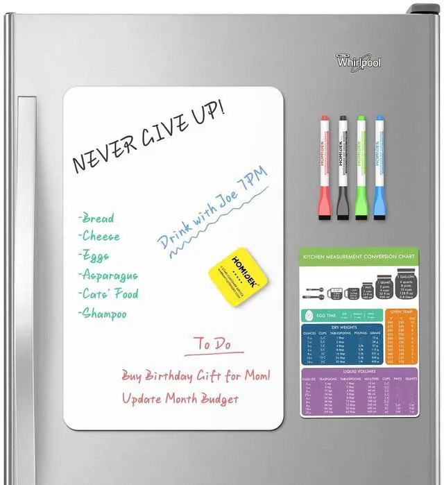 Main image of Magnetic Dry Erase Board: Small Fridge Whiteboard, Flexible Refrigerator Magnet White Board, Blank Writing Note Sheet with Kitchen Conversion Chart Magnet, 4 Markers & Eraser - 17 x 11