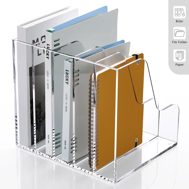 Alt view image 4 of 7 - Acrylic Desk Organizers, Clear Magazine File Holder, 5 Vertical Compartments A4 Folder Binder Holders Sorter, Office Desktop Workspace Organization Storage Rack for Office Home School