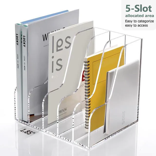 Alt view image 5 of 7 - Acrylic Desk Organizers, Clear Magazine File Holder, 5 Vertical Compartments A4 Folder Binder Holders Sorter, Office Desktop Workspace Organization Storage Rack for Office Home School