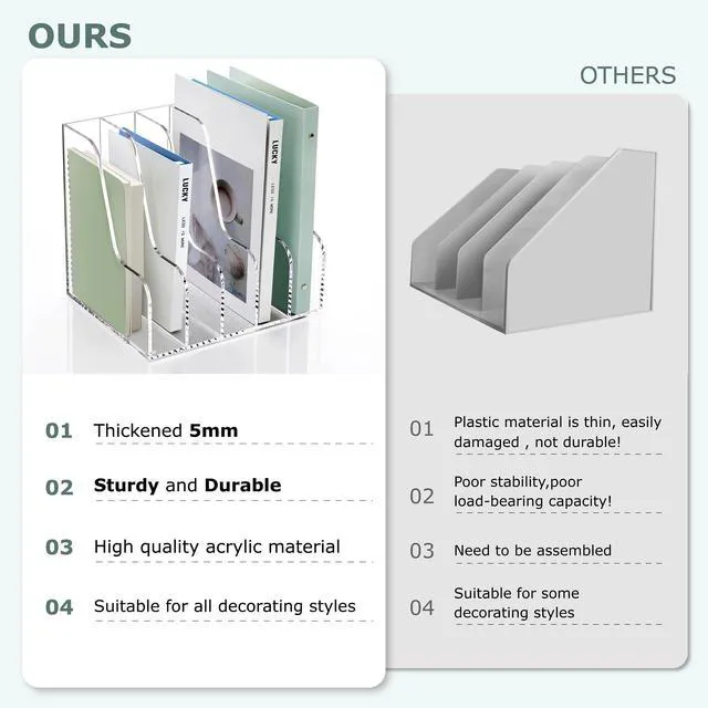 Alt view image 7 of 7 - Acrylic Desk Organizers, Clear Magazine File Holder, 5 Vertical Compartments A4 Folder Binder Holders Sorter, Office Desktop Workspace Organization Storage Rack for Office Home School