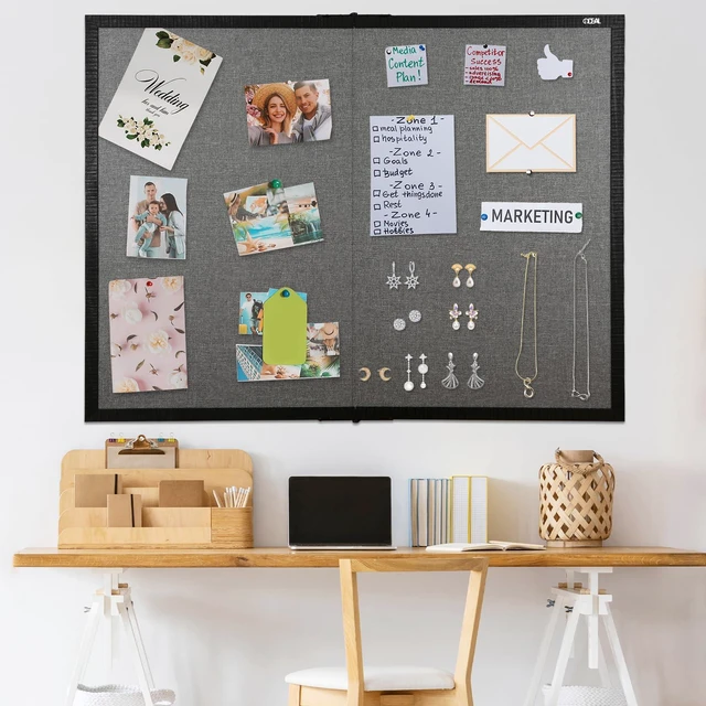 Alt view image 6 of 7 - Large Bulletin Board 36 x 48, Cork Boards for Walls, Black Wood Framed Corkboards with Grey Fabric, Foldable Cork Board for Office, Home & School, Wall Mounted Notice Pin Display Board