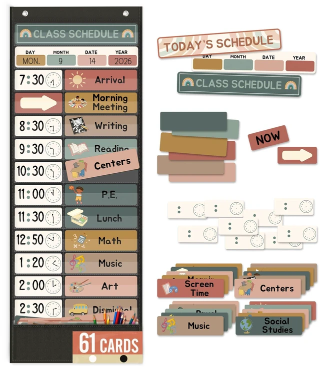 Main image of Daily Schedule Pocket Chart for Kids Management, 13+1 Pockets with 61 Cards Black Visual Time Reusable Dry-Eraser Schedule, Teacher Supplies for Boho Classroom Homeschool Decor