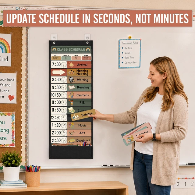 Alt view image 2 of 7 - Daily Schedule Pocket Chart for Kids Management, 13+1 Pockets with 61 Cards Black Visual Time Reusable Dry-Eraser Schedule, Teacher Supplies for Boho Classroom Homeschool Decor