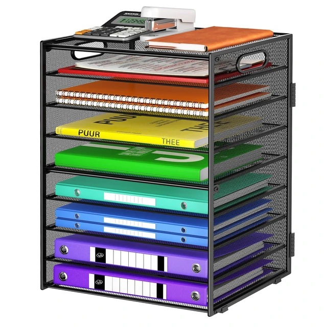 Main image of 9 Tier Paper Organizer with Handle, Black Large Capacity Desk Organizer Mesh File Folder Letter Paper Tray Desktop Document Sorter for Classroom, School, and Office Accessories Organization