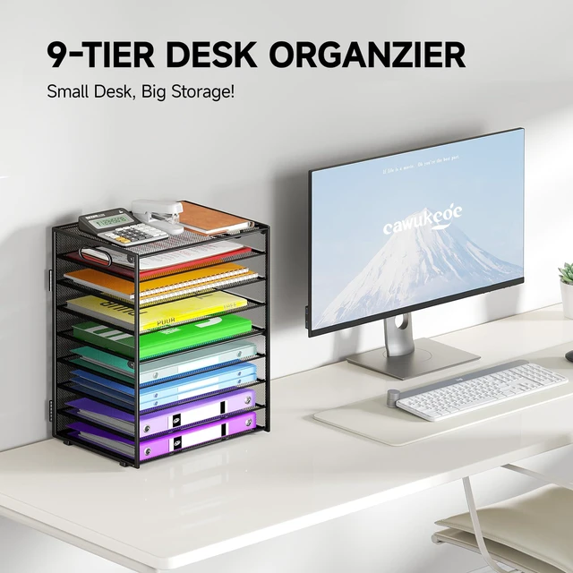 Alt view image 2 of 6 - 9 Tier Paper Organizer with Handle, Black Large Capacity Desk Organizer Mesh File Folder Letter Paper Tray Desktop Document Sorter for Classroom, School, and Office Accessories Organization