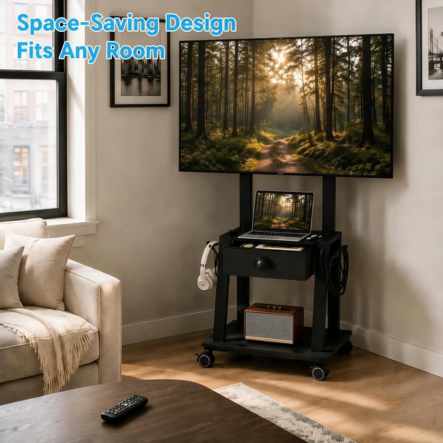 Alt view image 7 of 7 - Mobile TV Stand with Drawer for 23-60 Inch TVs,Tilt Rolling TV Cart on Wheels with 2 Shelves Adjustable Height Portable TV Stand for Bedroom/Living Room Holds up to 50 lbs Max VESA 400x400mm