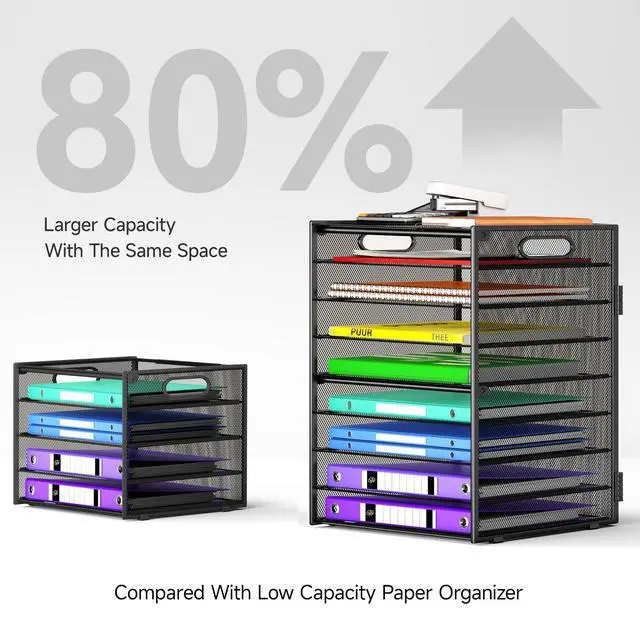 Alt view image 3 of 6 - 9 Tier Paper Organizer with Handle, Black Large Capacity Desk Organizer Mesh File Folder Letter Paper Tray Desktop Document Sorter for Classroom, School, and Office Accessories Organization