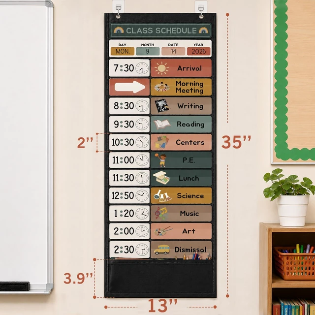 Alt view image 6 of 7 - Daily Schedule Pocket Chart for Kids Management, 13+1 Pockets with 61 Cards Black Visual Time Reusable Dry-Eraser Schedule, Teacher Supplies for Boho Classroom Homeschool Decor