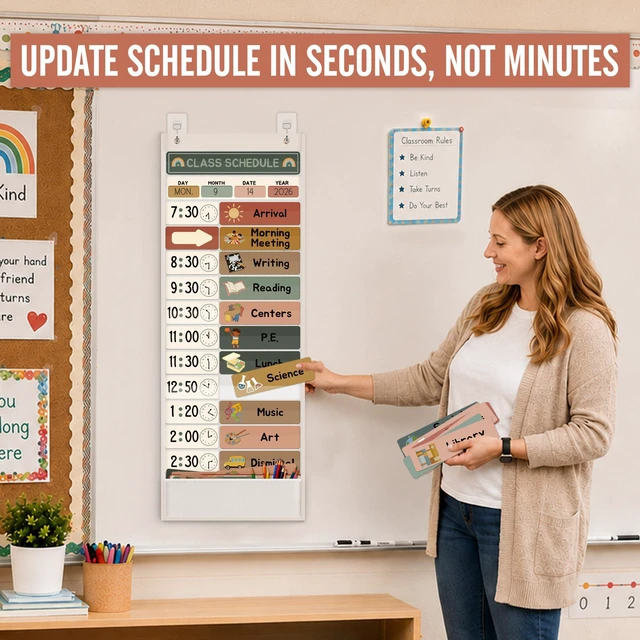 Alt view image 2 of 7 - Daily Schedule Pocket Chart for Kids Management, 13+1 Pockets with 61 Cards Visual Time Reusable Dry-Eraser Schedule, Teacher Supplies for Boho Classroom Homeschool Decor