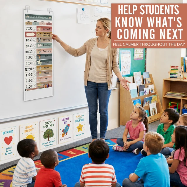 Alt view image 3 of 7 - Daily Schedule Pocket Chart for Kids Management, 13+1 Pockets with 61 Cards Visual Time Reusable Dry-Eraser Schedule, Teacher Supplies for Boho Classroom Homeschool Decor