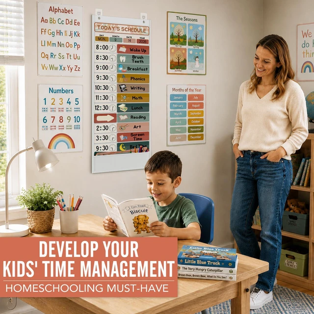 Alt view image 4 of 7 - Daily Schedule Pocket Chart for Kids Management, 13+1 Pockets with 61 Cards Visual Time Reusable Dry-Eraser Schedule, Teacher Supplies for Boho Classroom Homeschool Decor