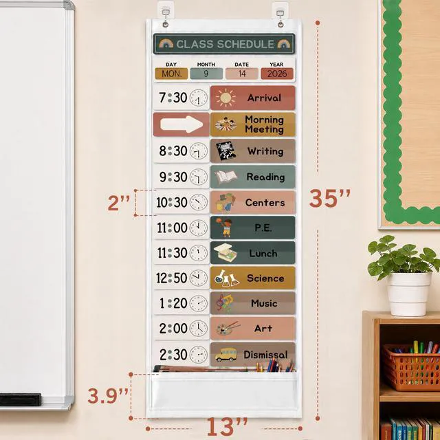 Alt view image 6 of 7 - Daily Schedule Pocket Chart for Kids Management, 13+1 Pockets with 61 Cards Visual Time Reusable Dry-Eraser Schedule, Teacher Supplies for Boho Classroom Homeschool Decor