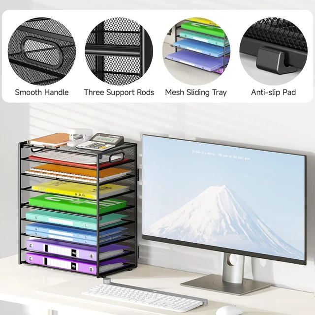 Alt view image 4 of 6 - 9 Tier Paper Organizer with Handle, Black Large Capacity Desk Organizer Mesh File Folder Letter Paper Tray Desktop Document Sorter for Classroom, School, and Office Accessories Organization
