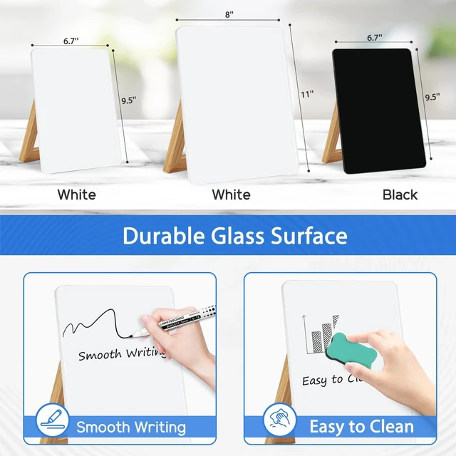 Alt view image 4 of 7 - Desktop Glass Whiteboard, 9.5"x 6.7" Desk Dry Erase Board with Wood Stand Reversible Wooden Stand, Small Dry Erase Board, Portable Whiteboard for Desk, Reusable Desk Notepad for Home, Office
