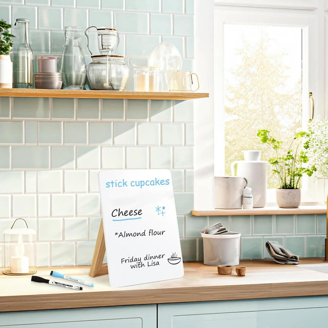 Alt view image 6 of 7 - Desktop Glass Whiteboard, 9.5"x 6.7" Desk Dry Erase Board with Wood Stand Reversible Wooden Stand, Small Dry Erase Board, Portable Whiteboard for Desk, Reusable Desk Notepad for Home, Office