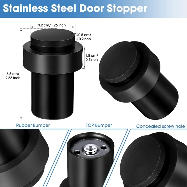 Alt view image 2 of 6 - 30 Pcs Floor Mounted Door Stopper Stainless Steel,Black Cylindrical Rubber Bumper, Wall Protector for Home Office Bedroom Doors, Modern Style, Bottom or Top Mount Installation