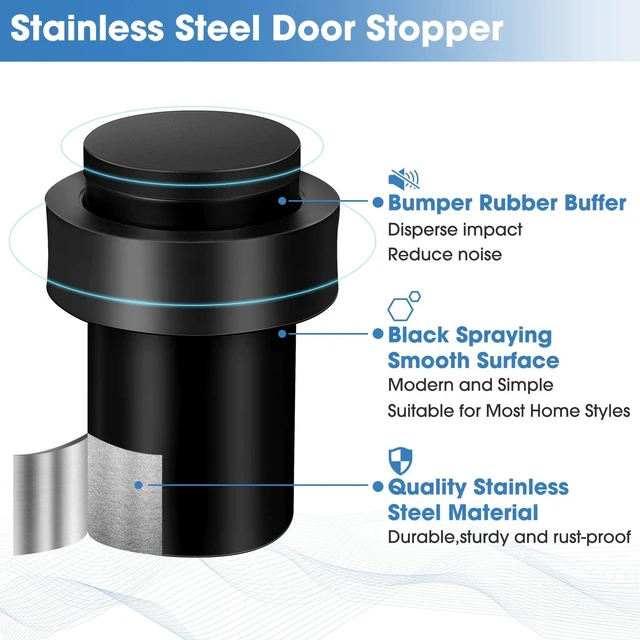 Alt view image 3 of 6 - 30 Pcs Floor Mounted Door Stopper Stainless Steel,Black Cylindrical Rubber Bumper, Wall Protector for Home Office Bedroom Doors, Modern Style, Bottom or Top Mount Installation