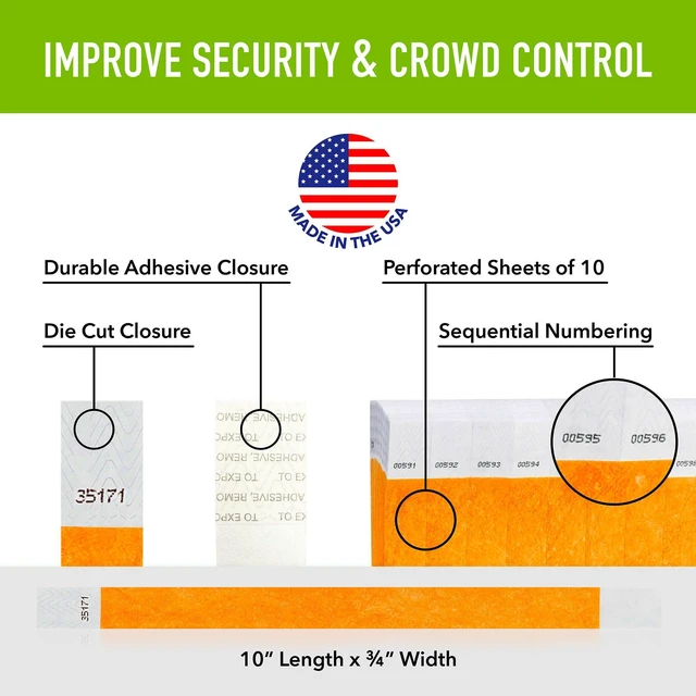 Alt view image 2 of 7 - 5,000 Neon Orange Tyvek Wristbands for Events Comfortable Water/Tear-Resistant - USA Made Tyvek Wristband ID Bracelets for Events, Concerts, Party Security, VIP Admission