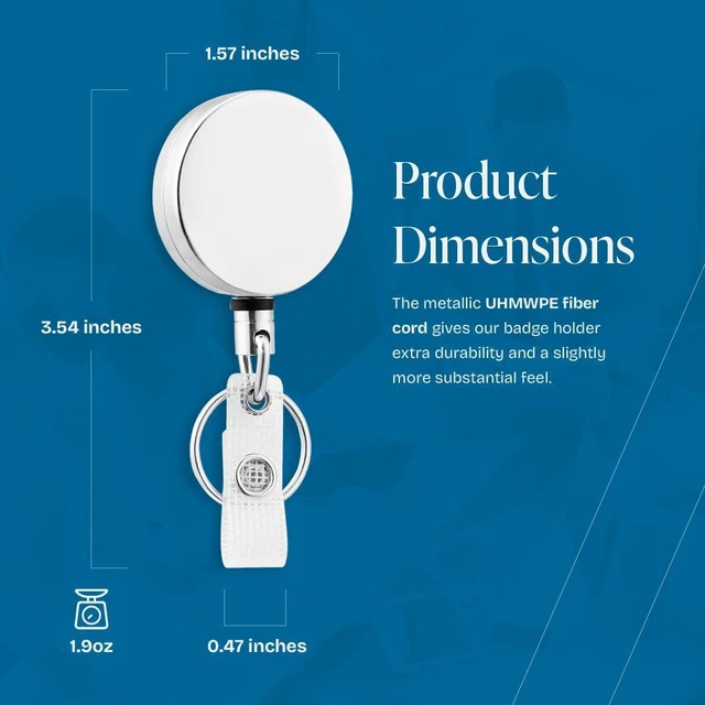 Alt view image 2 of 6 - 4 Pack Retractable Keychain - Heavy Duty Metal Badge Reel, White ID Badge Holder Reel with Metal Casing with 27.5"UHMWPE Fiber Pull Cord for Durability and Easy Access - Holds up to 8 Keys