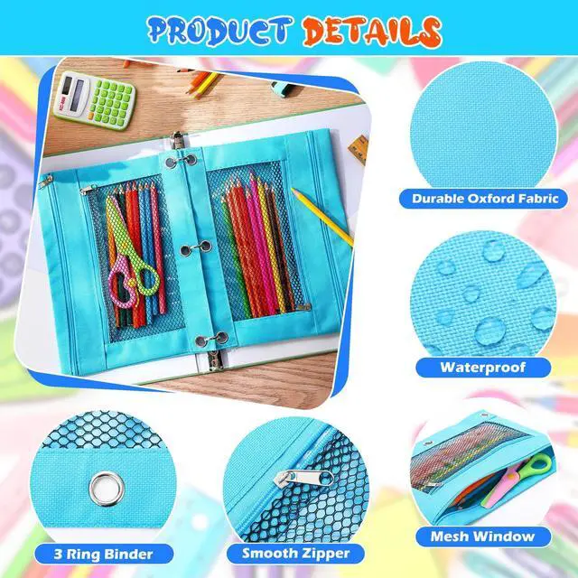 Alt view image 3 of 6 - 100 Pcs Classroom Binder Pencil Pouches, Blue, 2 Zipper 3 Ring Binder Zipper Pencil Pouches, Mesh Layer Pencil Bags Bulk, Pencils Pouches for Students, Back to School Pen Bags