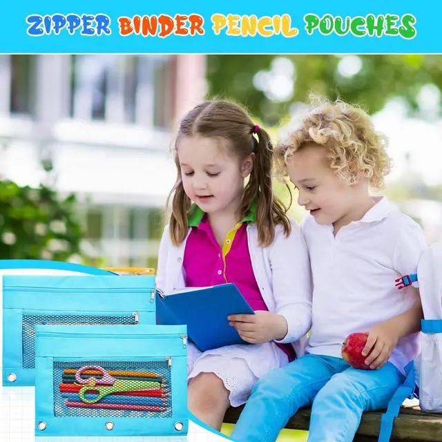 Alt view image 4 of 6 - 100 Pcs Classroom Binder Pencil Pouches, Blue, 2 Zipper 3 Ring Binder Zipper Pencil Pouches, Mesh Layer Pencil Bags Bulk, Pencils Pouches for Students, Back to School Pen Bags