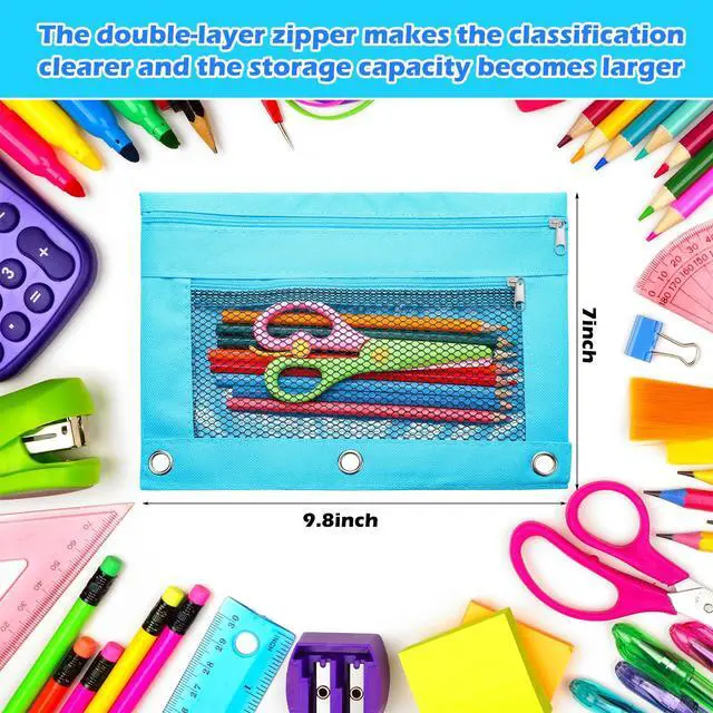 Alt view image 6 of 6 - 100 Pcs Classroom Binder Pencil Pouches, Blue, 2 Zipper 3 Ring Binder Zipper Pencil Pouches, Mesh Layer Pencil Bags Bulk, Pencils Pouches for Students, Back to School Pen Bags