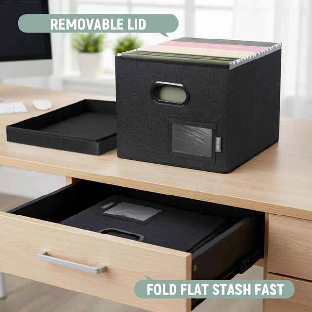 Alt view image 5 of 7 - File Organizer Box with Lid, Collapsible File Folder Organizer with Plastic Slide, Filing Box for Office Home Document Organizer Storage (Black, 2PK)