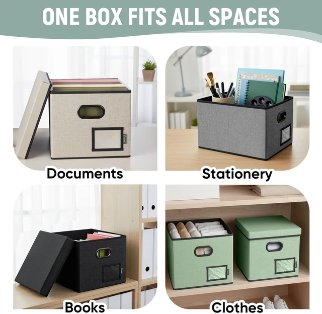 Alt view image 7 of 7 - File Organizer Box with Lid, Collapsible File Folder Organizer with Plastic Slide, Filing Box for Office Home Document Organizer Storage (Black, 2PK)