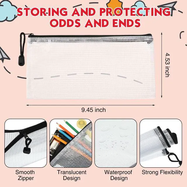 Alt view image 2 of 6 - 100Pcs Mesh Pencil Pouch,White Pouch Black Zipper,A6 Small Zipper Pencil Pouches Bulk, Waterproof Clear Storage Bag, Multipurpose for Cash Board Game Passport Office