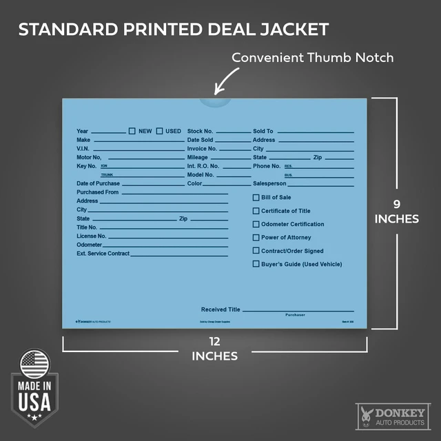 Alt view image 2 of 7 - Printed Vehicle Deal Envelopes 9x12 Deal Jackets (100 shrink wrapped) (Blue)