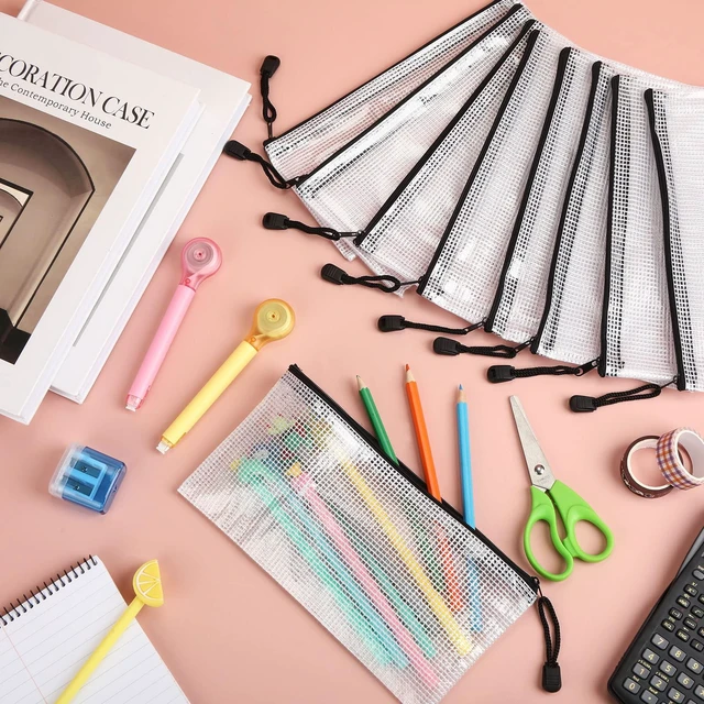 Alt view image 6 of 6 - 100Pcs Mesh Pencil Pouch,White Pouch Black Zipper,A6 Small Zipper Pencil Pouches Bulk, Waterproof Clear Storage Bag, Multipurpose for Cash Board Game Passport Office