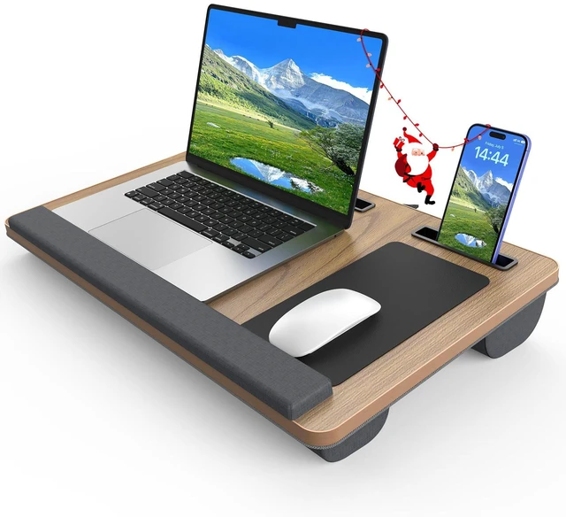 Main image of Laptop Lap Desk, Portable Large Laptop Desk for Bed, Up to 17 in Lap Table with Wrist Rest, Mouse Pad, Tablet Phone Slot, Portable Handle, Cushion (Dark Brown Woodgrain)