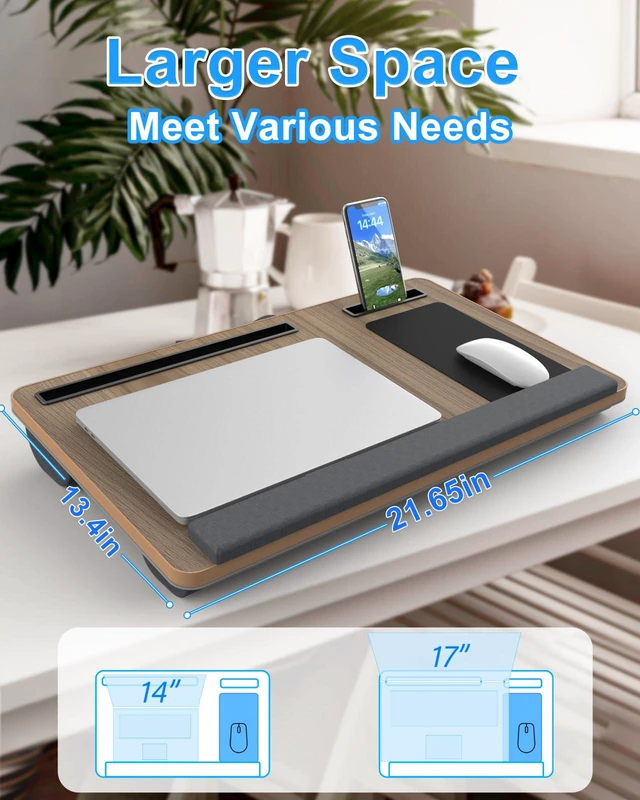 Alt view image 2 of 6 - Laptop Lap Desk, Portable Large Laptop Desk for Bed, Up to 17 in Lap Table with Wrist Rest, Mouse Pad, Tablet Phone Slot, Portable Handle, Cushion (Dark Brown Woodgrain)