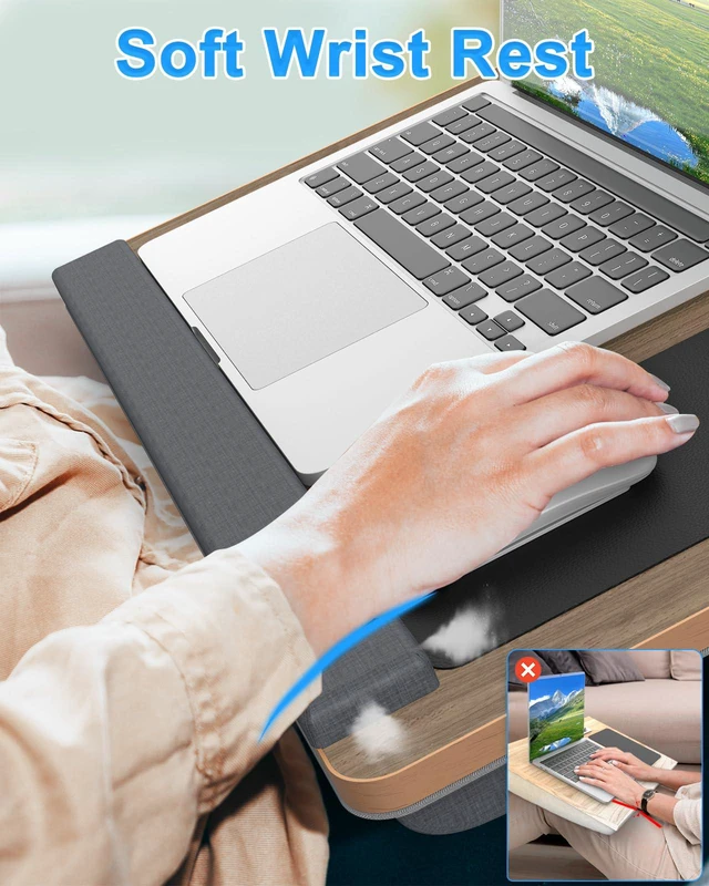 Alt view image 3 of 6 - Laptop Lap Desk, Portable Large Laptop Desk for Bed, Up to 17 in Lap Table with Wrist Rest, Mouse Pad, Tablet Phone Slot, Portable Handle, Cushion (Dark Brown Woodgrain)