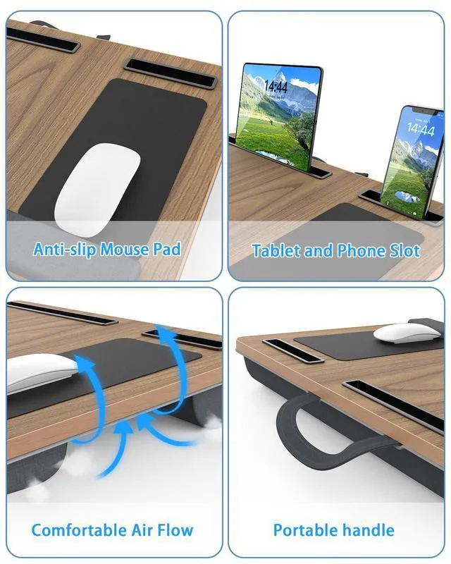 Alt view image 4 of 6 - Laptop Lap Desk, Portable Large Laptop Desk for Bed, Up to 17 in Lap Table with Wrist Rest, Mouse Pad, Tablet Phone Slot, Portable Handle, Cushion (Dark Brown Woodgrain)