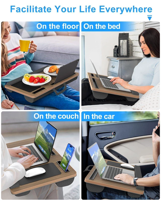 Alt view image 6 of 6 - Laptop Lap Desk, Portable Large Laptop Desk for Bed, Up to 17 in Lap Table with Wrist Rest, Mouse Pad, Tablet Phone Slot, Portable Handle, Cushion (Dark Brown Woodgrain)