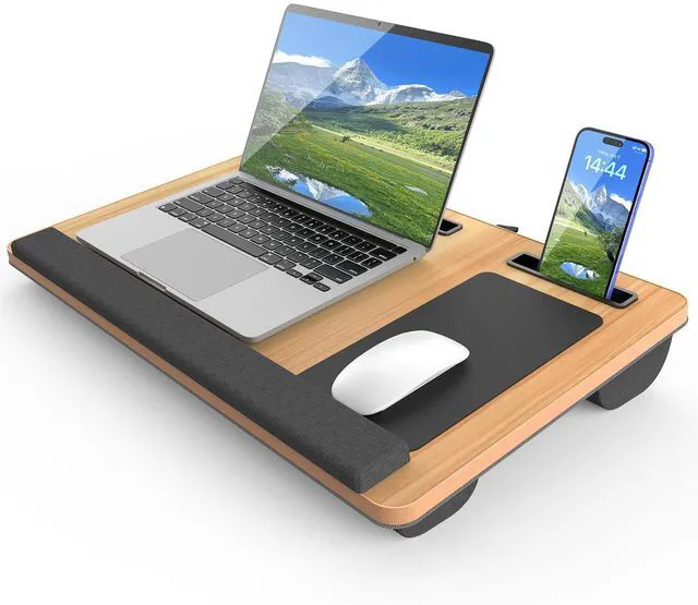 Main image of Laptop Lap Desk, Portable Large Laptop Desk for Bed, Up to 17 in Lap Table with Wrist Rest, Mouse Pad, Tablet Phone Slot, Portable Handle, Cushion (Light Brown)