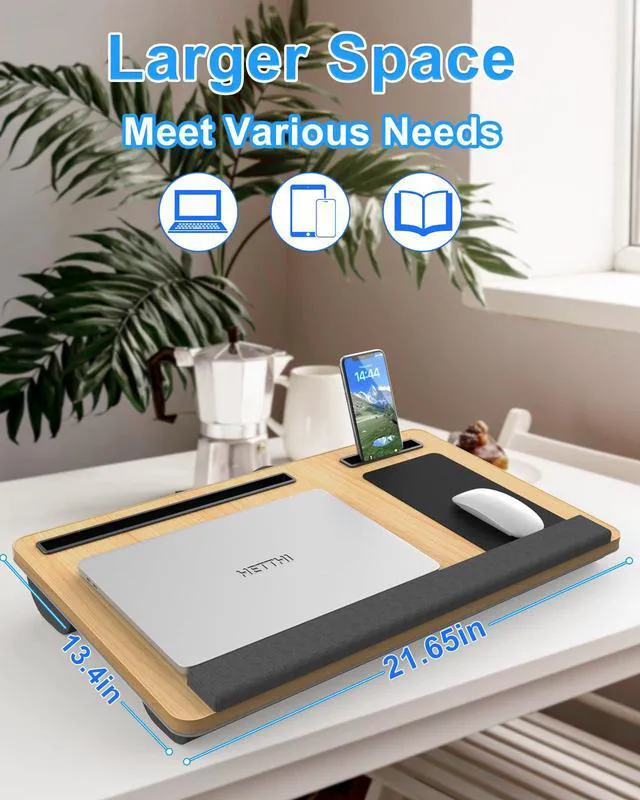 Alt view image 2 of 6 - Laptop Lap Desk, Portable Large Laptop Desk for Bed, Up to 17 in Lap Table with Wrist Rest, Mouse Pad, Tablet Phone Slot, Portable Handle, Cushion (Light Brown)