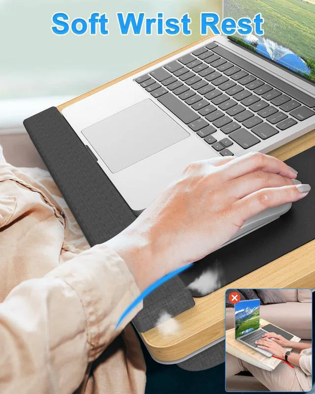 Alt view image 3 of 6 - Laptop Lap Desk, Portable Large Laptop Desk for Bed, Up to 17 in Lap Table with Wrist Rest, Mouse Pad, Tablet Phone Slot, Portable Handle, Cushion (Light Brown)