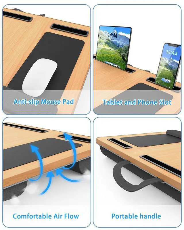Alt view image 4 of 6 - Laptop Lap Desk, Portable Large Laptop Desk for Bed, Up to 17 in Lap Table with Wrist Rest, Mouse Pad, Tablet Phone Slot, Portable Handle, Cushion (Light Brown)