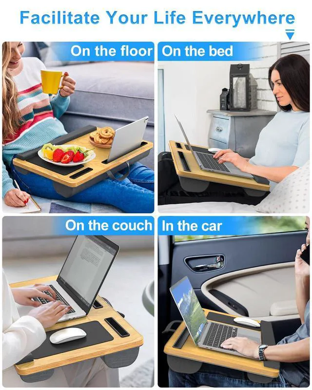 Alt view image 6 of 6 - Laptop Lap Desk, Portable Large Laptop Desk for Bed, Up to 17 in Lap Table with Wrist Rest, Mouse Pad, Tablet Phone Slot, Portable Handle, Cushion (Light Brown)