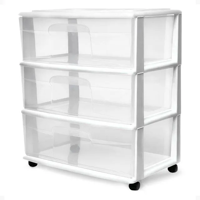 Main image of Drawer Tower, 3-Tier Storage Cart with Removable Wheels, White Frame Wide Plastic Organizer with Clear Bin Drawers for Bedroom, Bathroom, Home Office, and Dorm Rooms