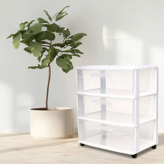 Alt view image 2 of 7 - Drawer Tower, 3-Tier Storage Cart with Removable Wheels, White Frame Wide Plastic Organizer with Clear Bin Drawers for Bedroom, Bathroom, Home Office, and Dorm Rooms